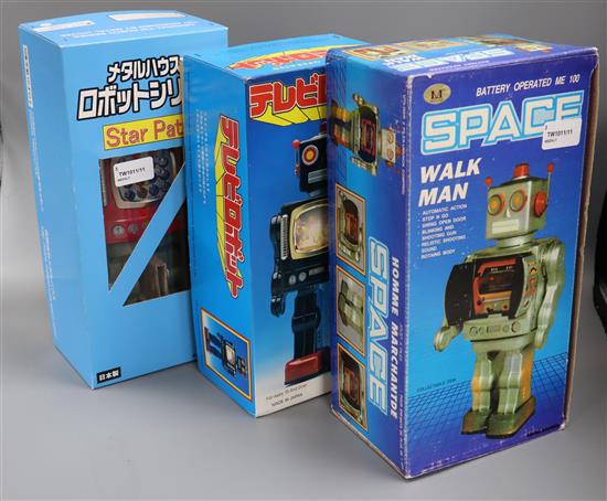 Metal House, Japan, two tinplate battery-operated robots, Star Patrol and Television Robot and another collectors robot,